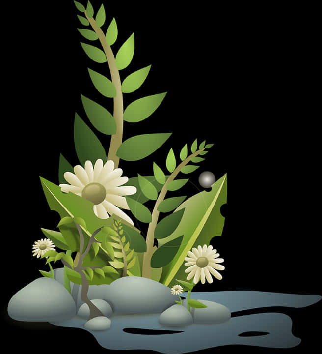 Vector Illustration Floral Composition Stones Water PNG Image