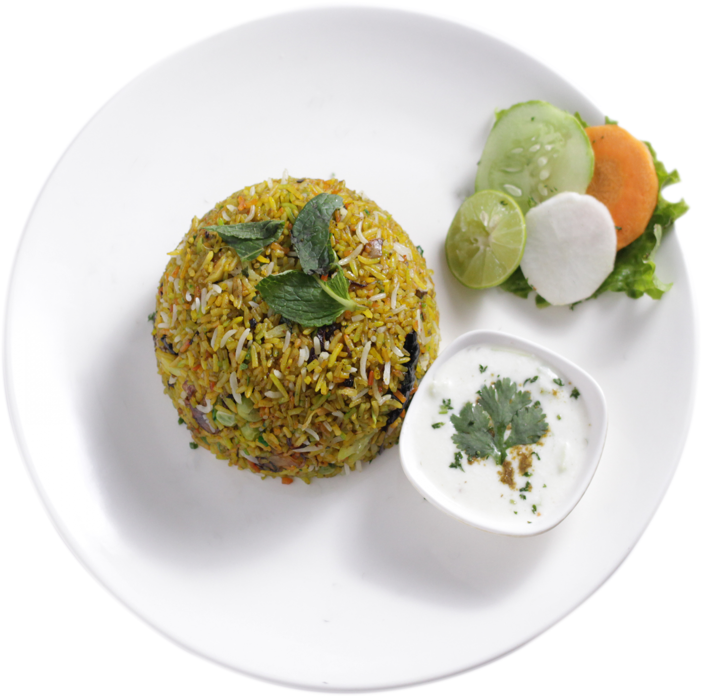 Veg Biryani Platewith Raitaand Salad PNG Image