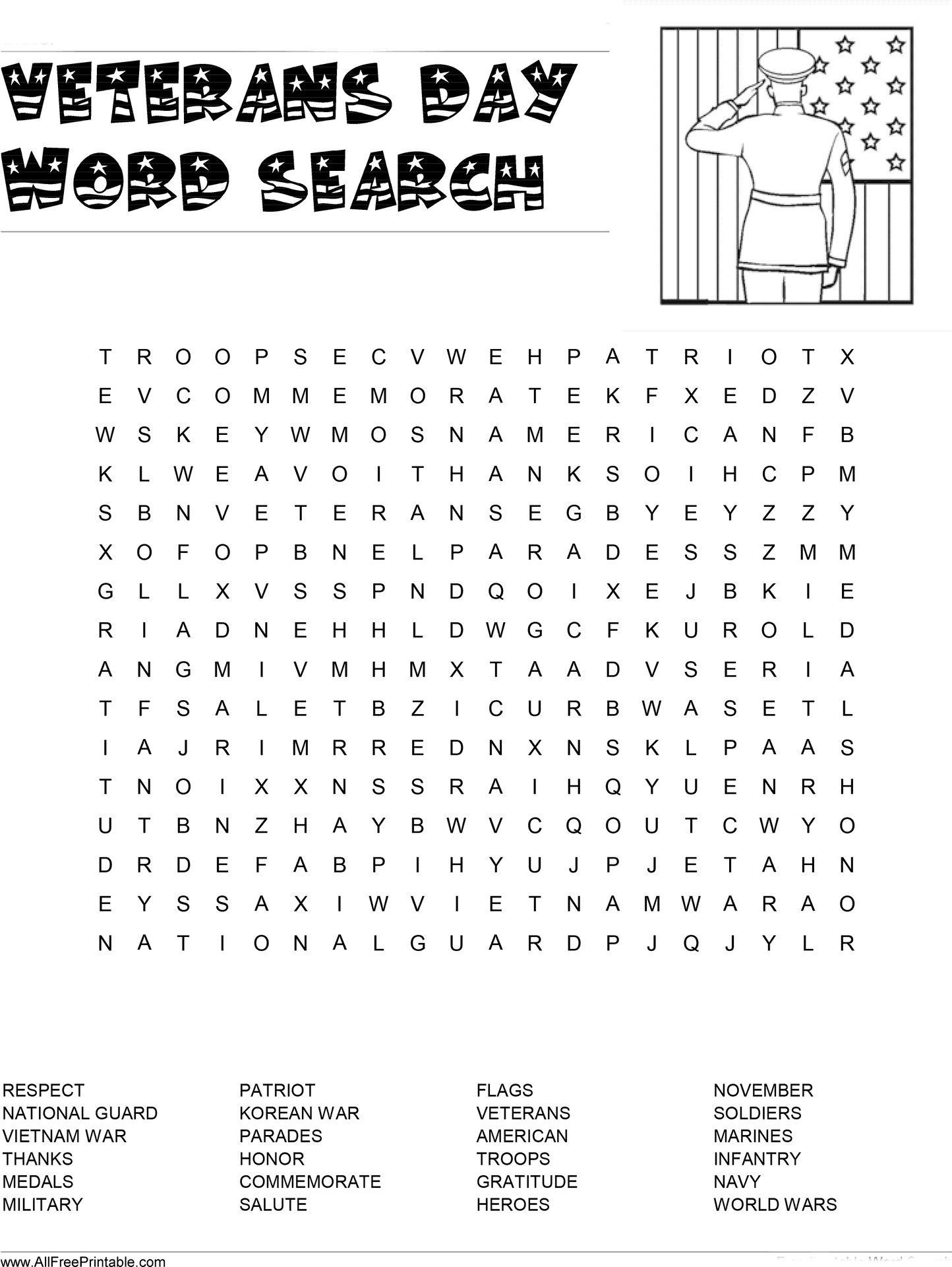 Veterans Day Word Search Puzzle PNG Image