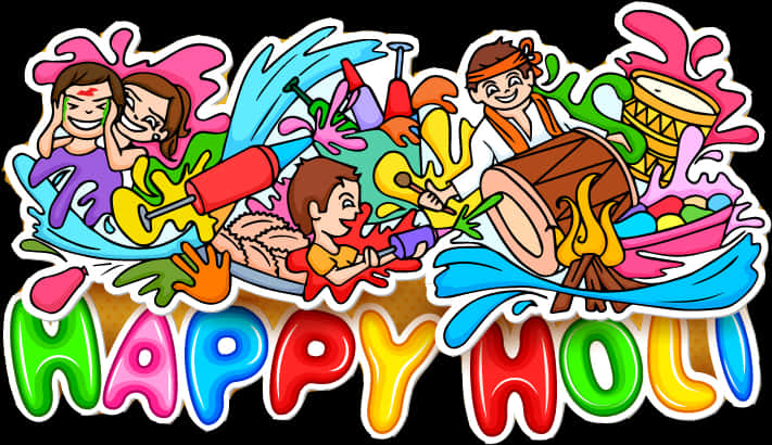 Vibrant Holi Celebration Cartoon PNG Image