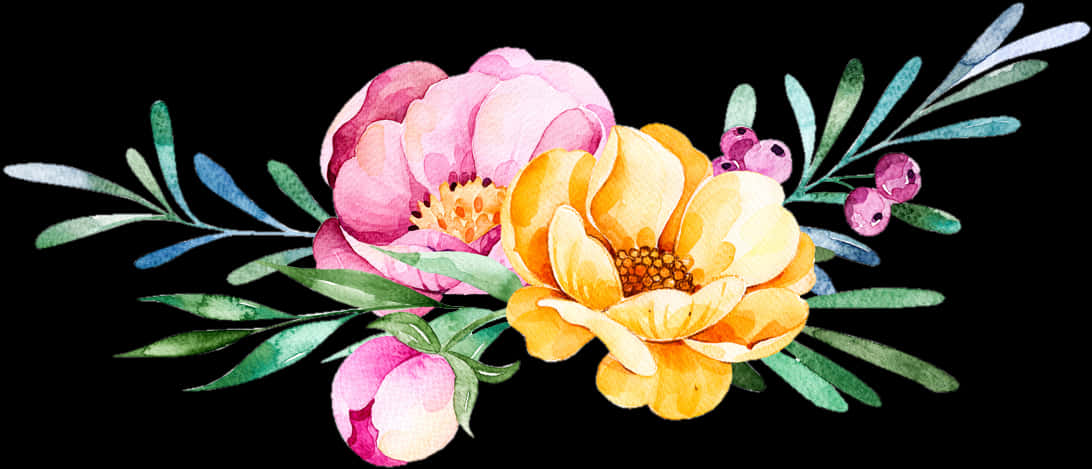 Vibrant Watercolor Floral Arrangement PNG Image