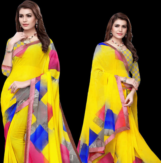 Vibrant Yellow Saree Model Dual Pose PNG Image