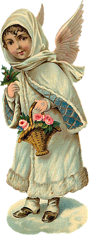 Vintage Angelwith Basketof Flowers PNG Image