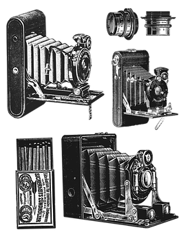 Vintage Camera Collection Blackand White PNG Image