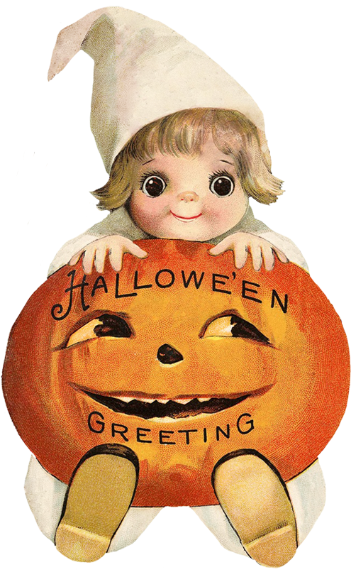 Vintage Halloween Greeting Elf Pumpkin PNG Image