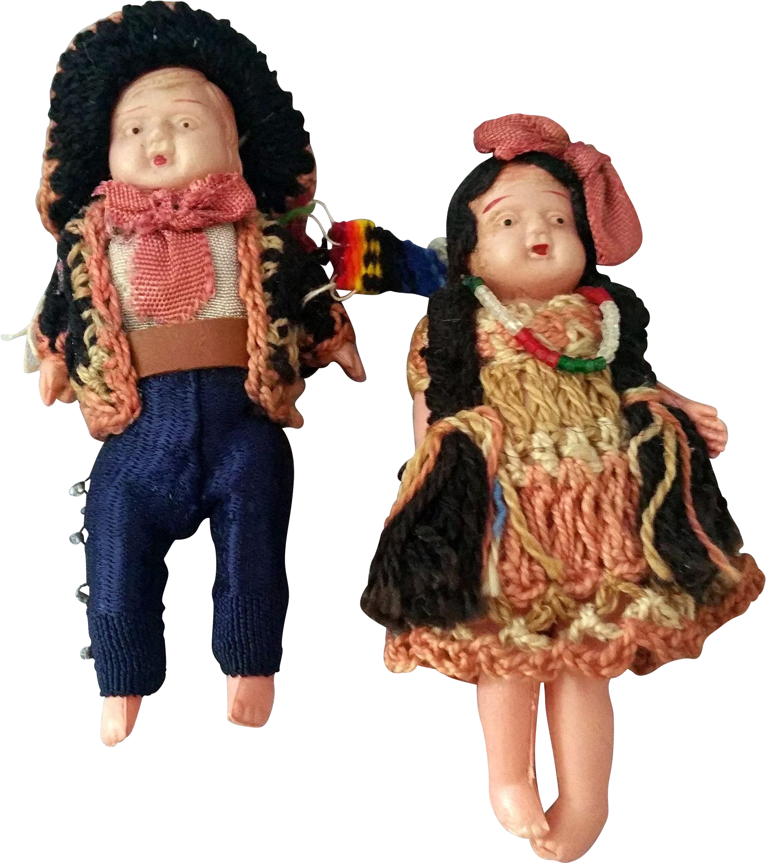 Vintage Knitted Dollsin Traditional Costumes PNG Image