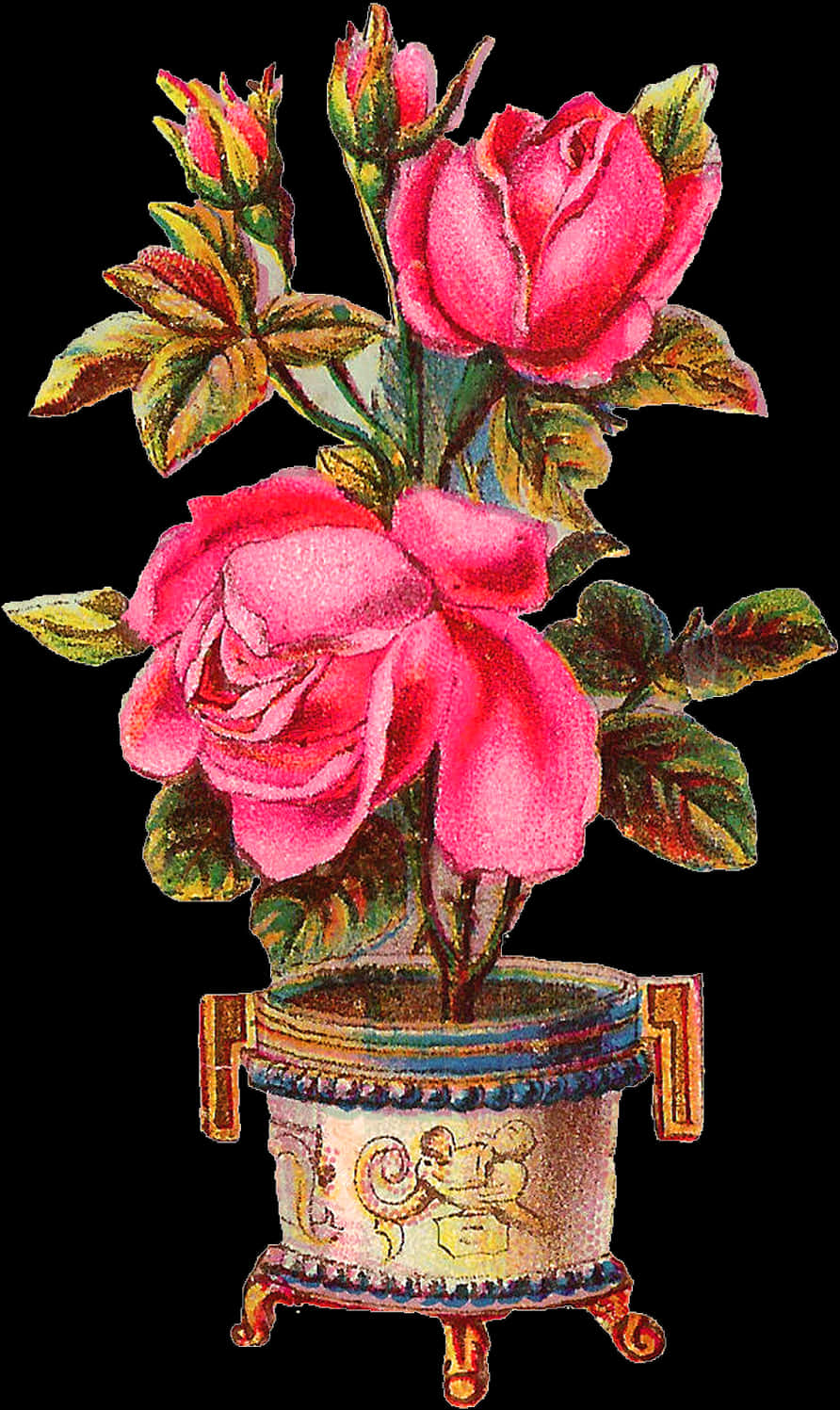 Vintage Pink Rosesin Decorative Pot PNG Image