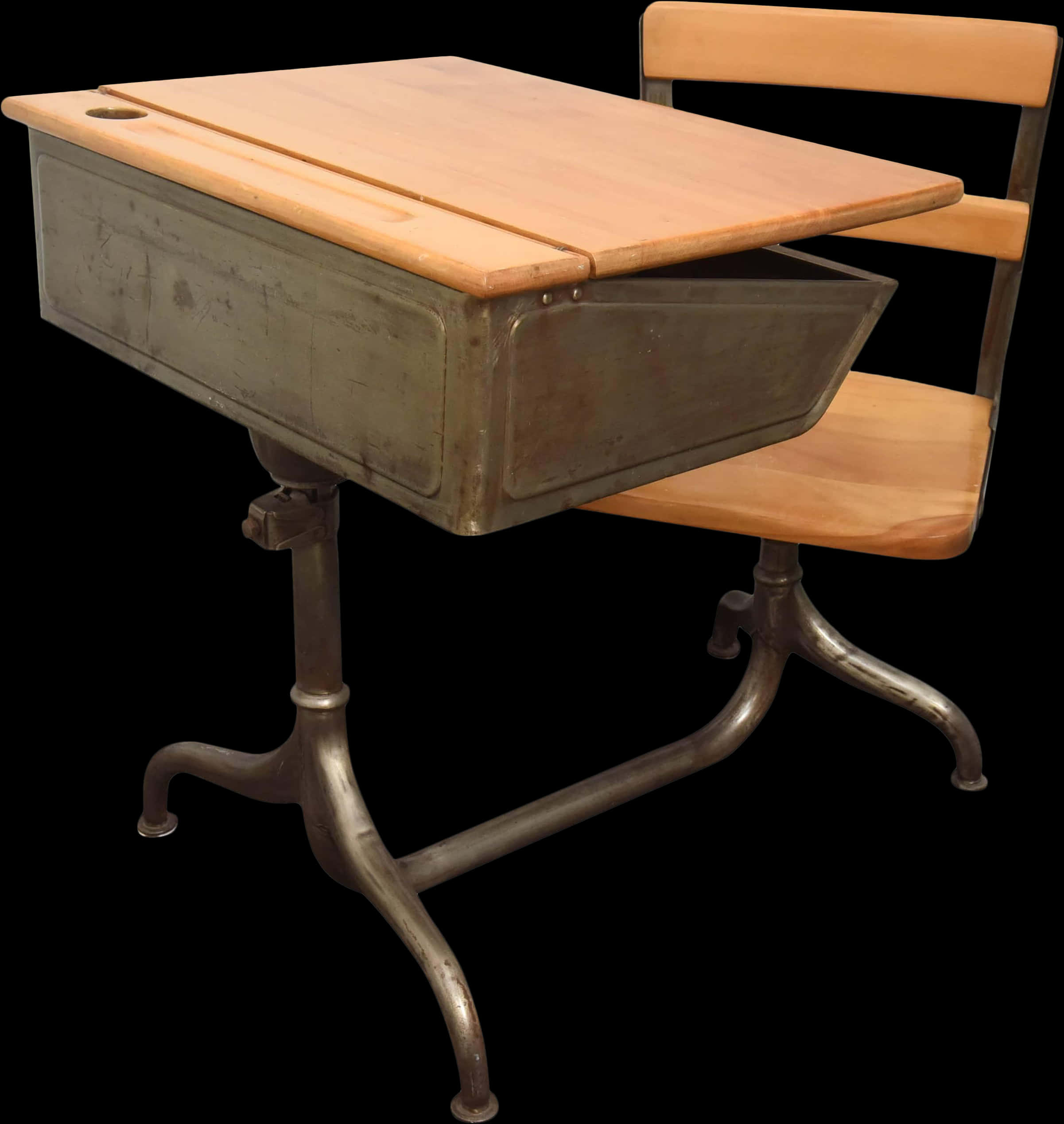 Vintage School Deskwith Attached Chair PNG Image