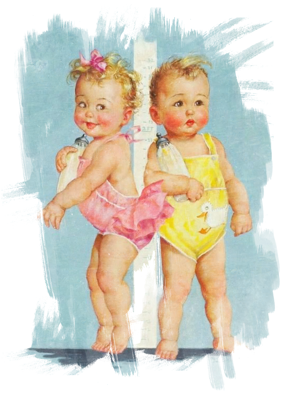 Vintage Twin Toddlers Illustration PNG Image