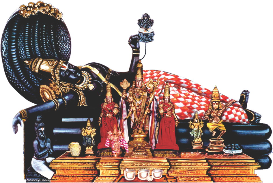 Vishnu_ Reclining_on_ Sesha_ Naga_with_ Deities.png PNG Image