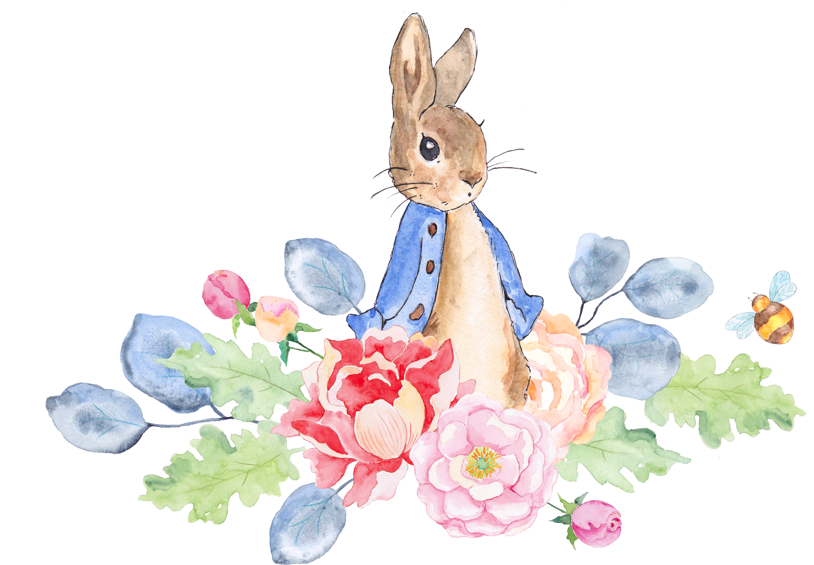 Watercolor Bunny Floral Arrangement PNG Image