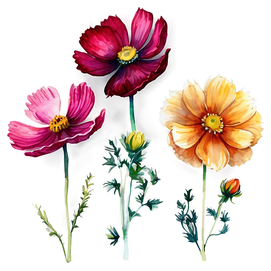 Watercolor Cosmos Flowers Png Mog PNG Image