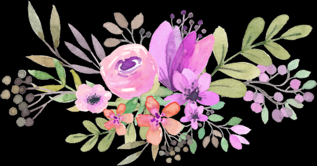 Watercolor Floral Arrangement_ Black Background.jpg PNG Image