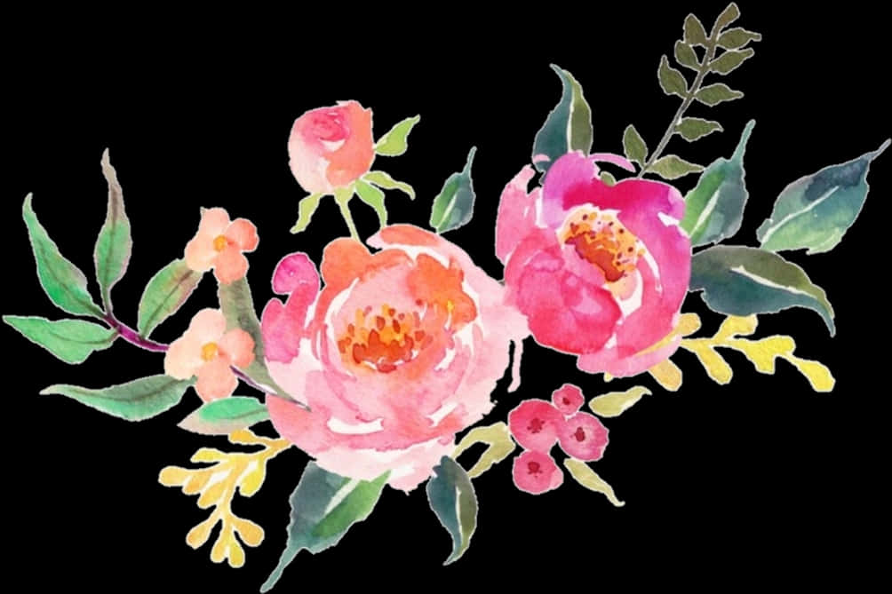 Watercolor Floral Arrangement Pink Roses PNG Image