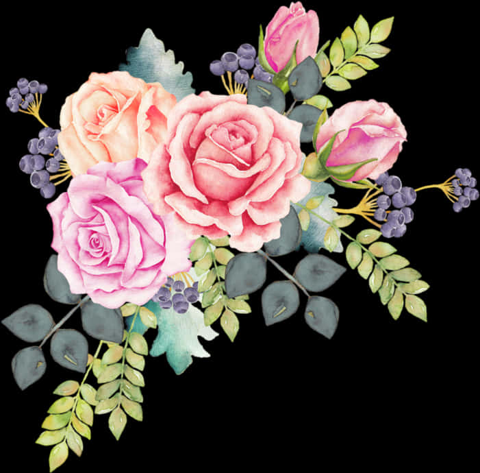 Watercolor Floral Arrangement Roses Berries PNG Image