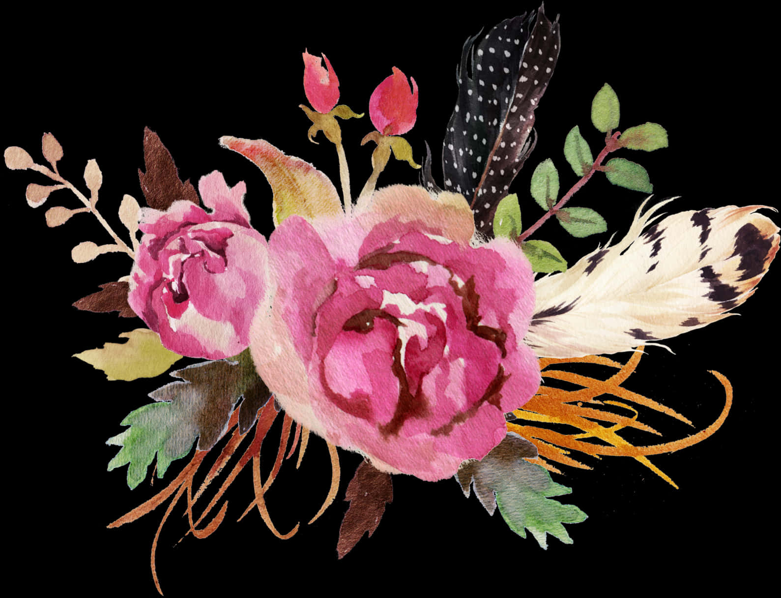 Watercolor Floral Arrangementwith Feathers PNG Image