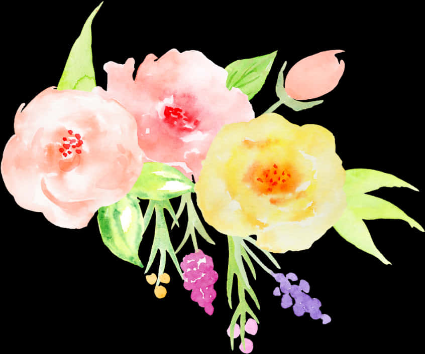 Watercolor Pinkand Yellow Flowers Artwork PNG Image