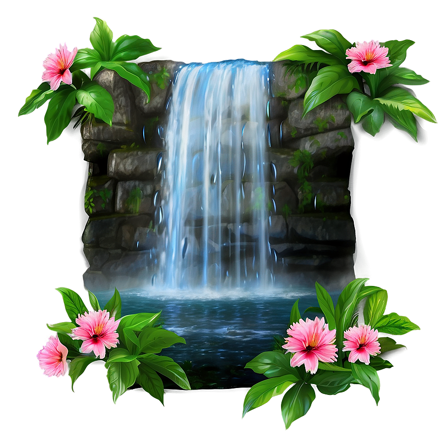 Waterfall And Blooming Flowers Png Pri PNG Image