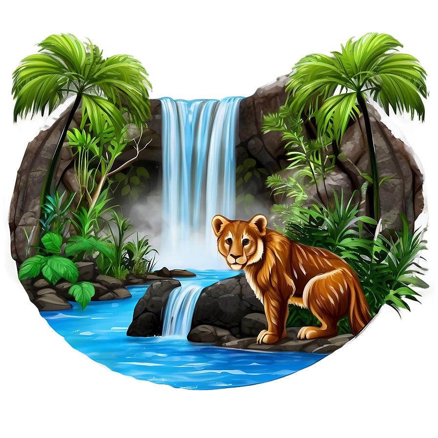 Waterfall And Wildlife Scene Png Hse98 PNG Image