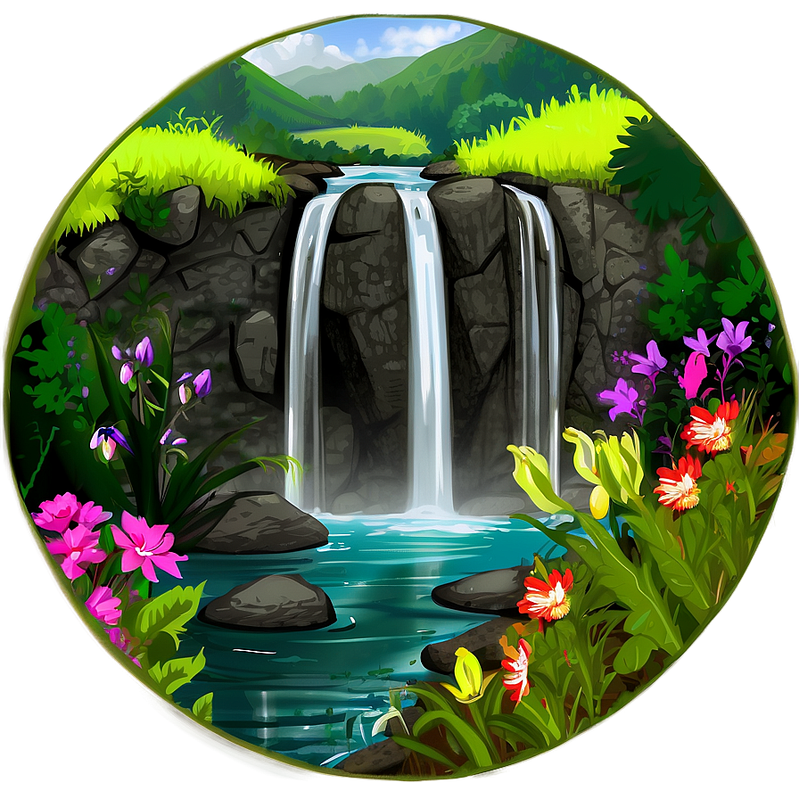 Waterfall In Bloom With Wildflowers Png Fid67 PNG Image