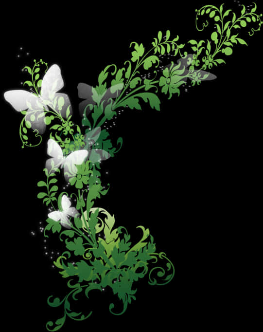 White Butterfly Green Vines Graphic PNG Image