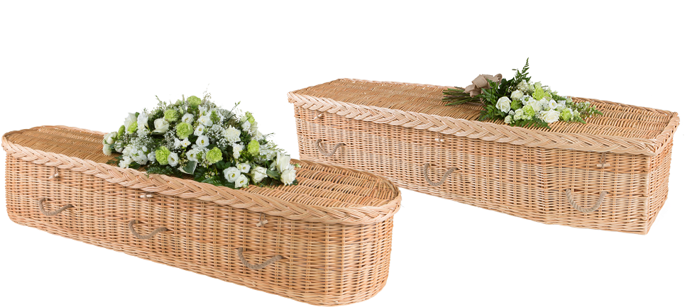 Wicker Coffinswith Floral Arrangements PNG Image