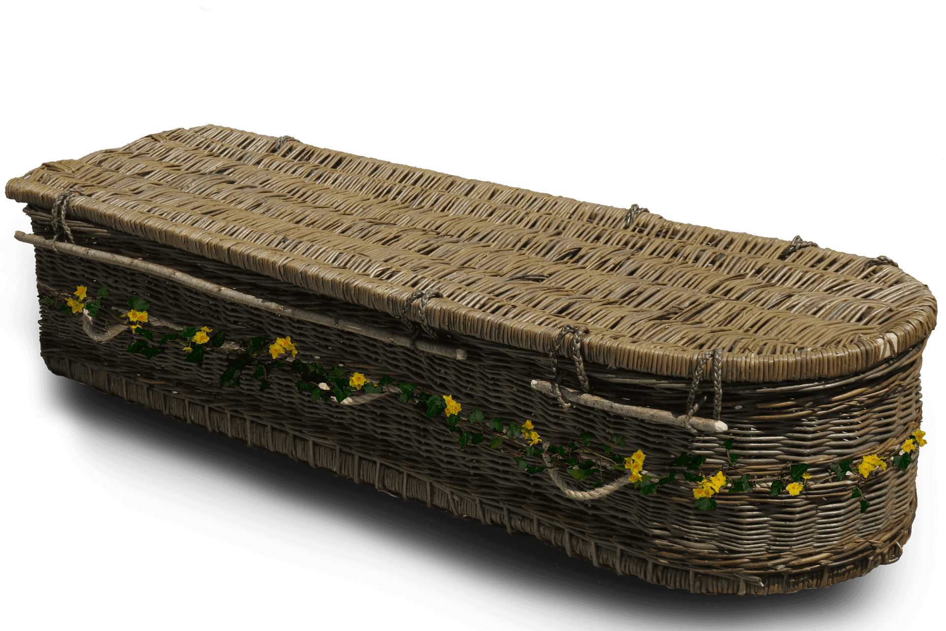 Wicker Coffinwith Floral Decoration PNG Image