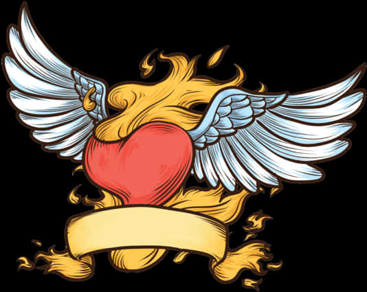 Winged Heartwith Flames Tattoo Design PNG Image