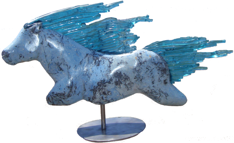 Winged Horse Sculpture Blue Glass Wings PNG Image