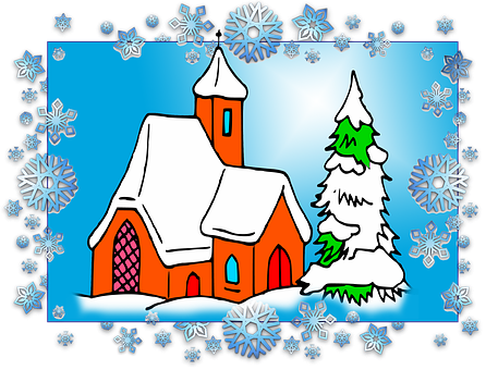 Winter_ Church_and_ Snowflakes PNG Image