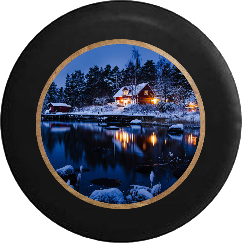 Winter Lakeside Cabin Night Scene PNG Image