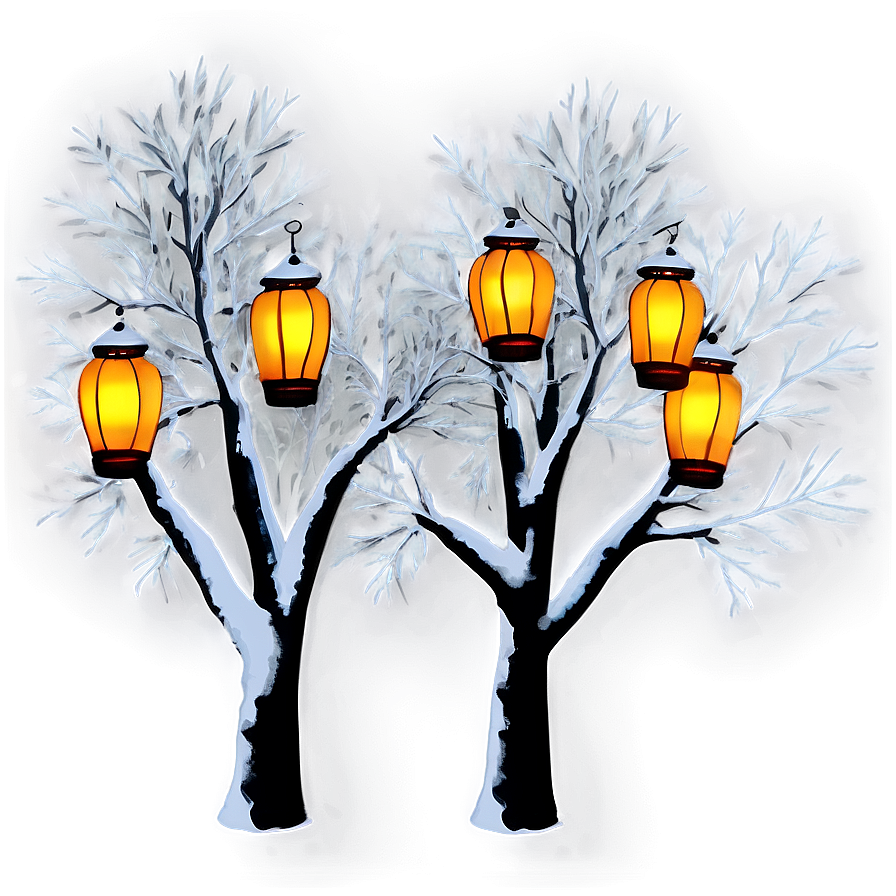 Winter Trees With Glowing Lanterns Png Yti PNG Image