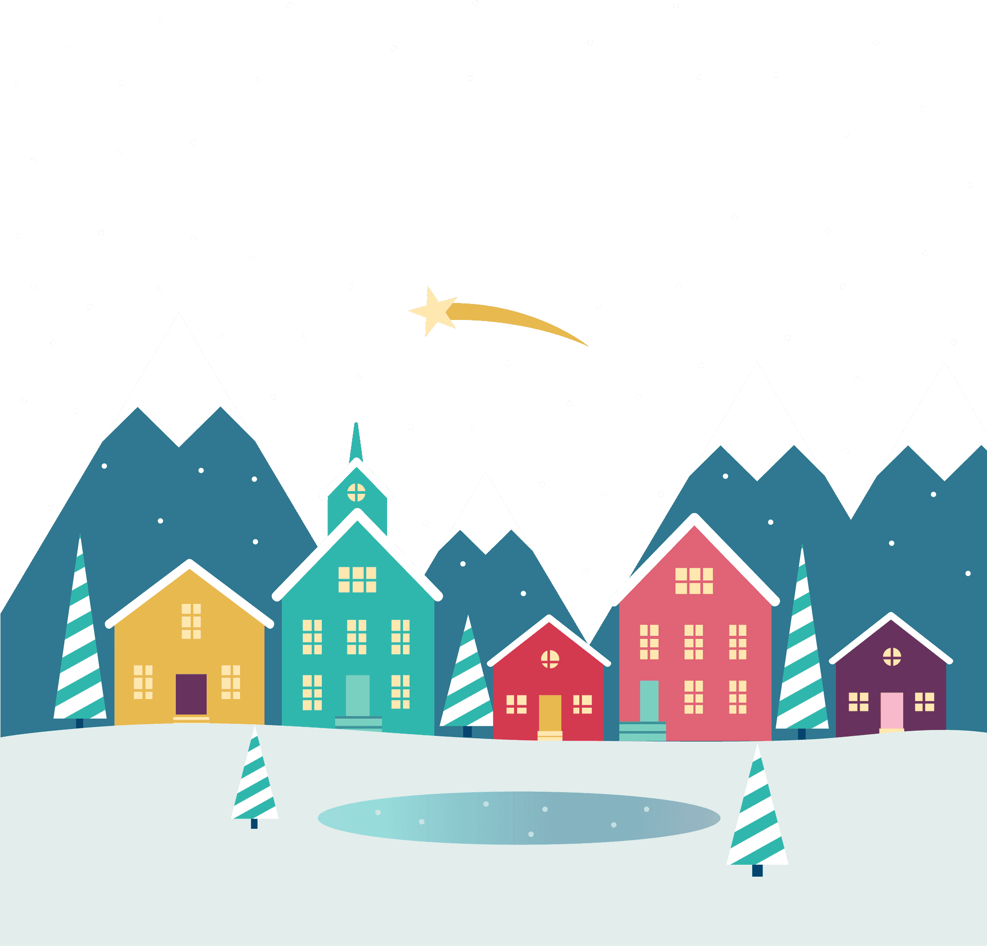 Winter Village Night Illustration PNG Image