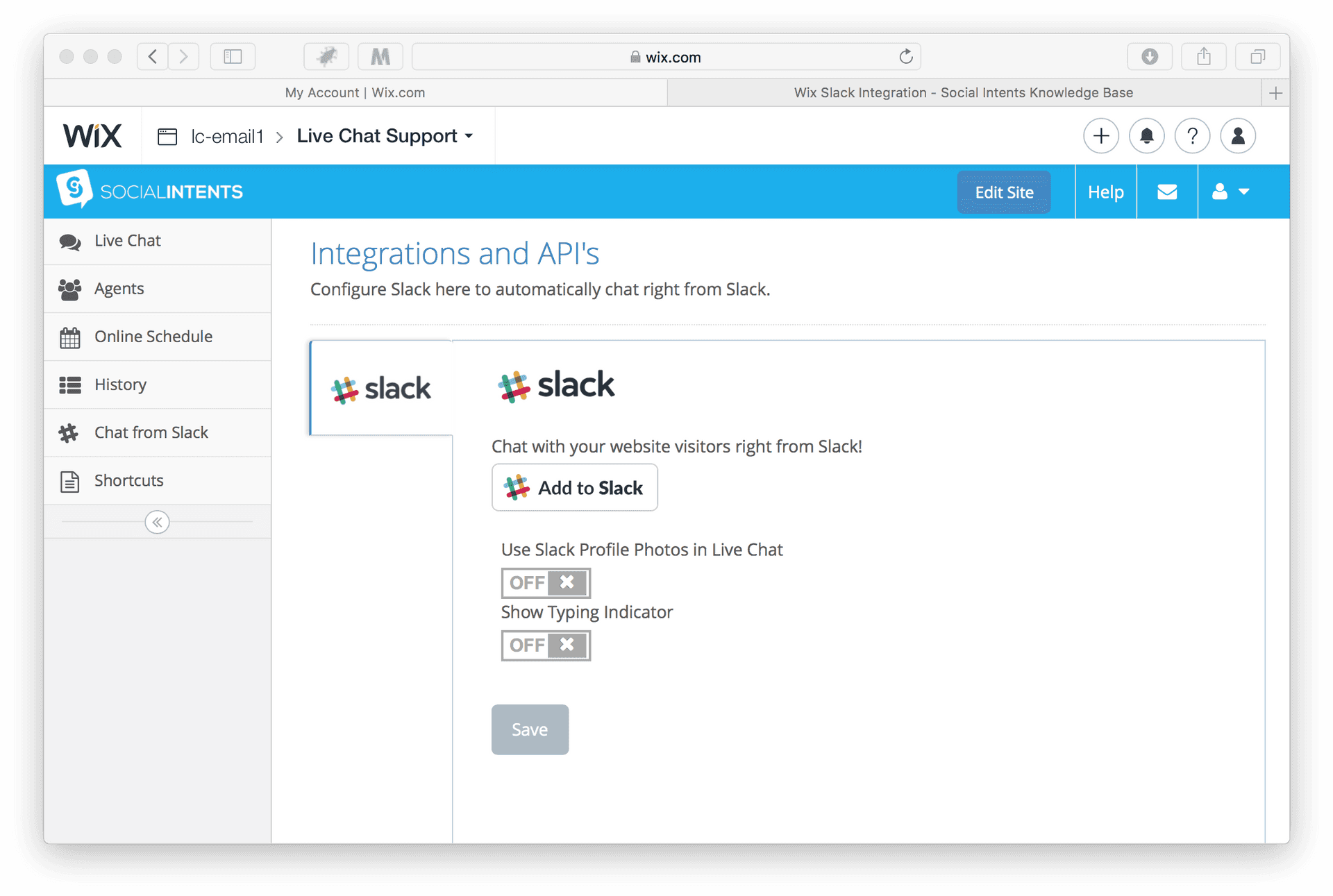 Wix Slack Integration Settings Screenshot PNG Image