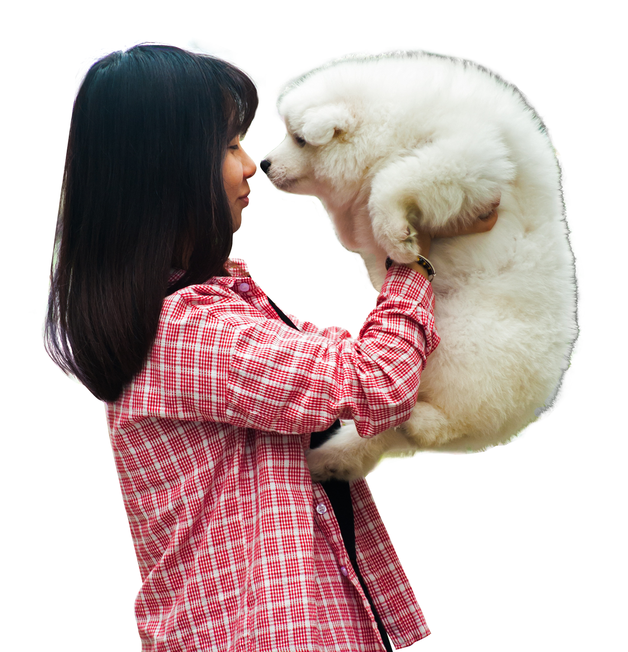 Woman Holding Fluffy White Dog PNG Image