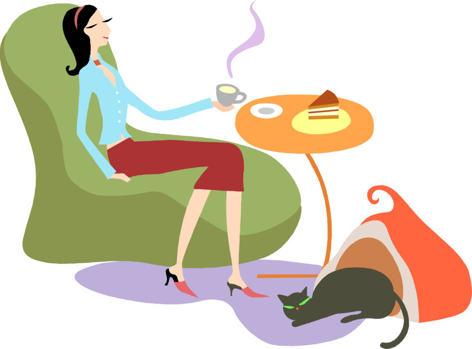 Woman Relaxingwith Coffeeand Cat PNG Image