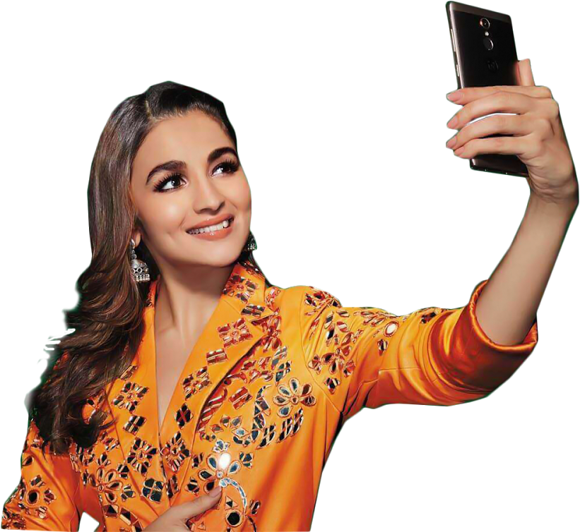 Woman Taking Selfie Orange Dress PNG Image