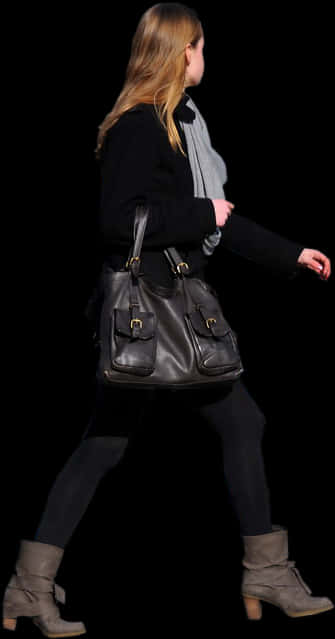 Woman Walkingin Black Outfit PNG Image