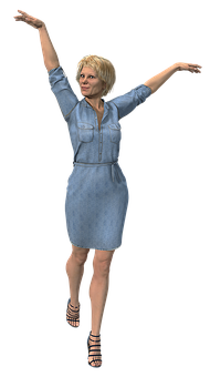 Womanin Denim Dress Balancing PNG Image