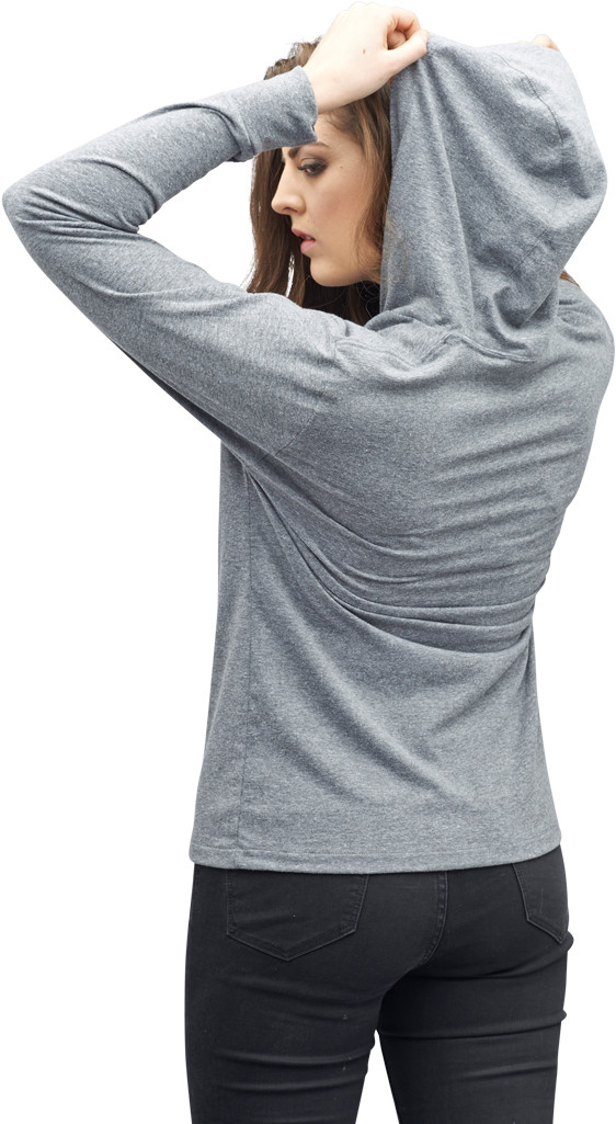 Womanin Grey Hoodie Fashion Pose PNG Image