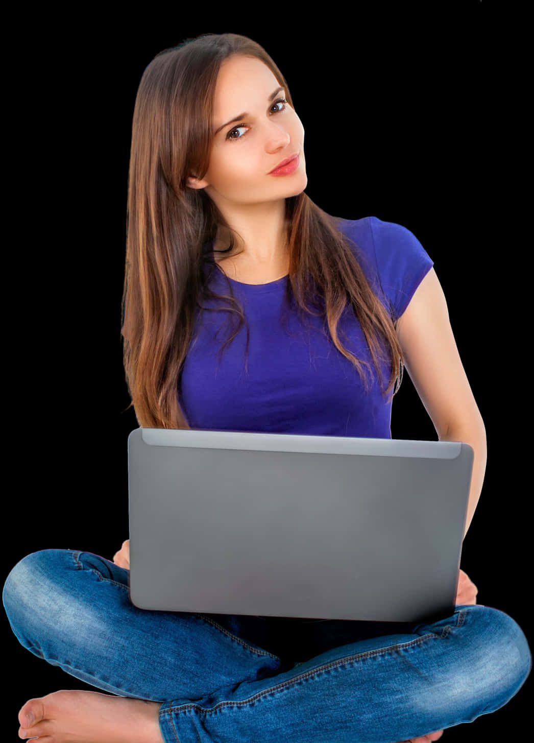 Womanwith Laptop Sitting Cross Legged PNG Image