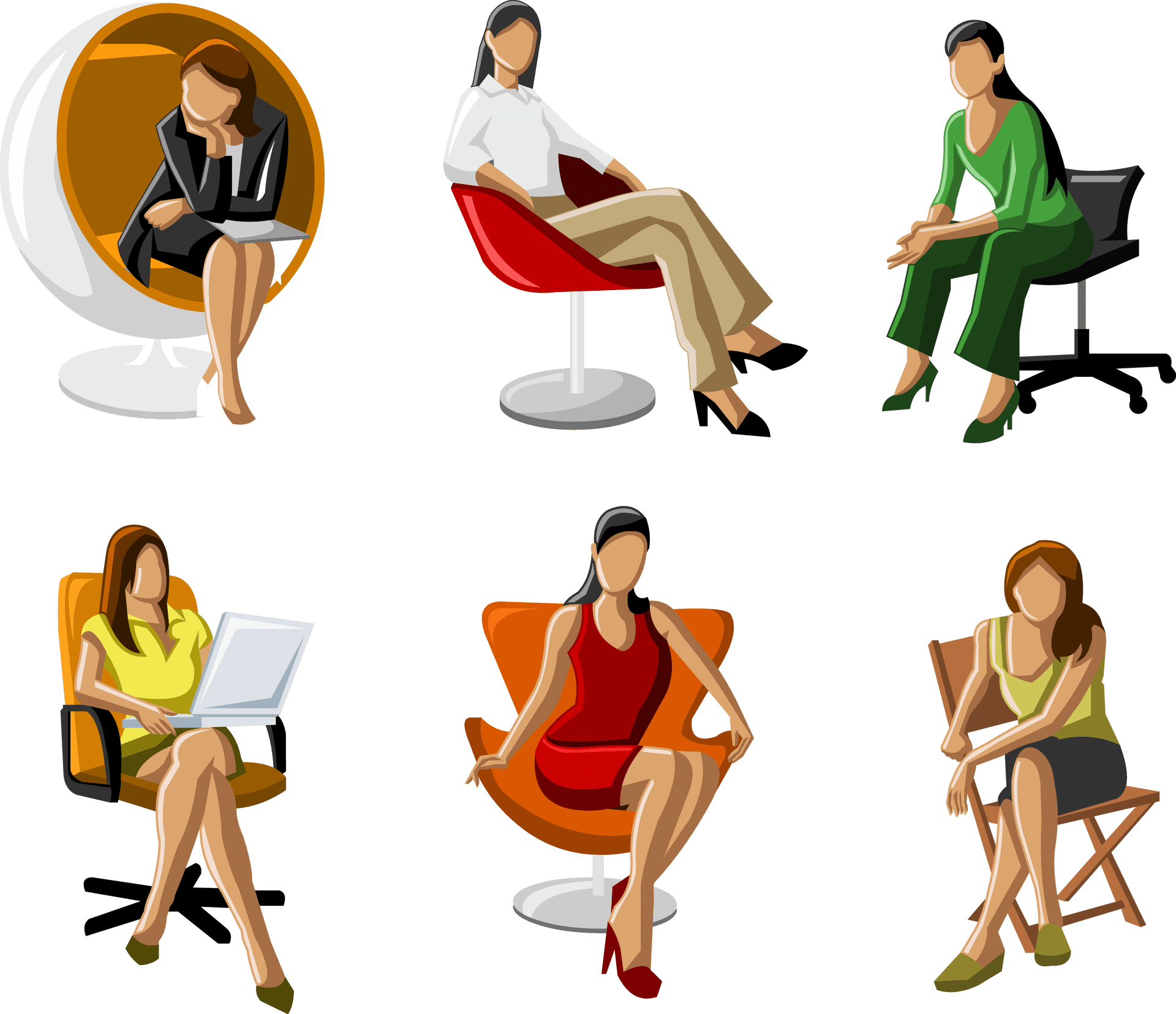 Women Sittingin Various Chairs Vector PNG Image