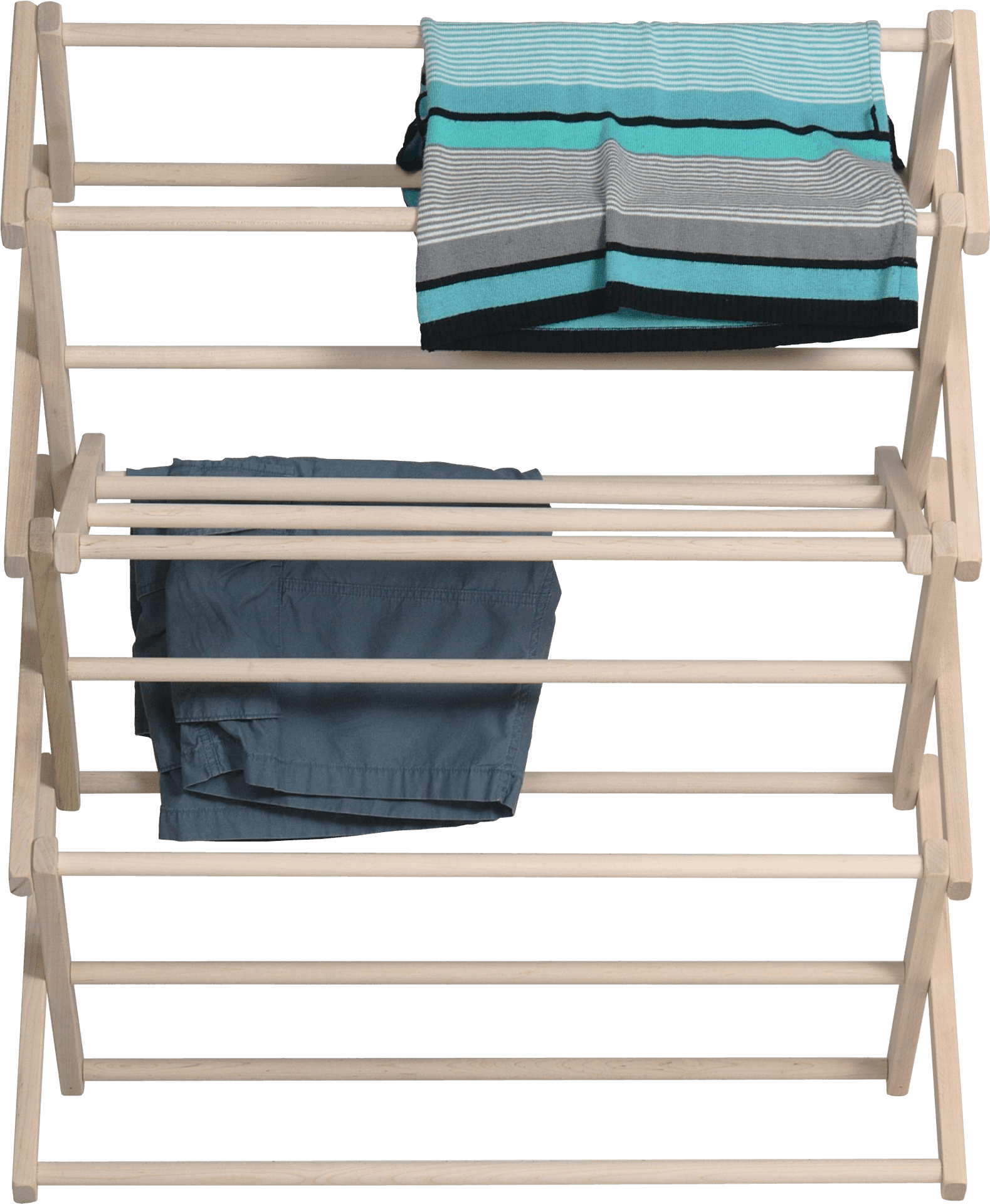 Wooden Clothes Drying Rack With Towels And Pants PNG Image