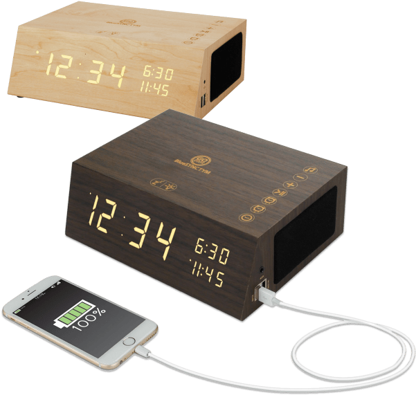 Wooden Digital Alarm Clockwith Phone Charging PNG Image