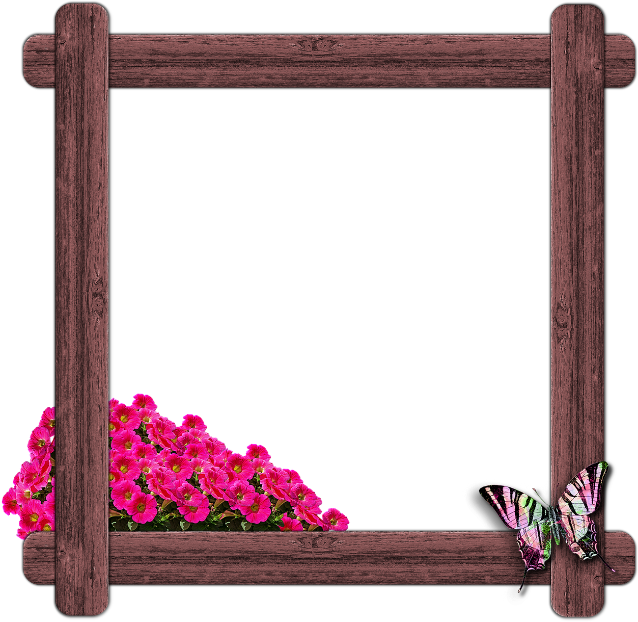 Wooden Framewith Butterflyand Flowers PNG Image