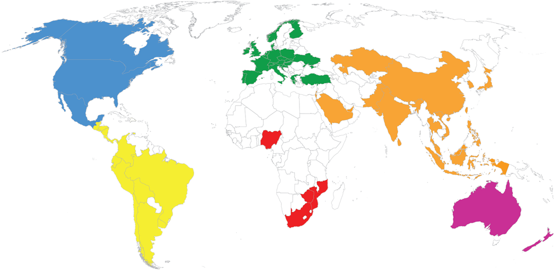 World Map Differentiated Regions Color Coded PNG Image