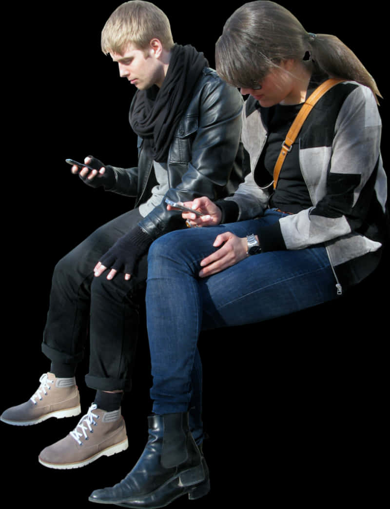 Young Adults Using Smartphones While Sitting PNG Image