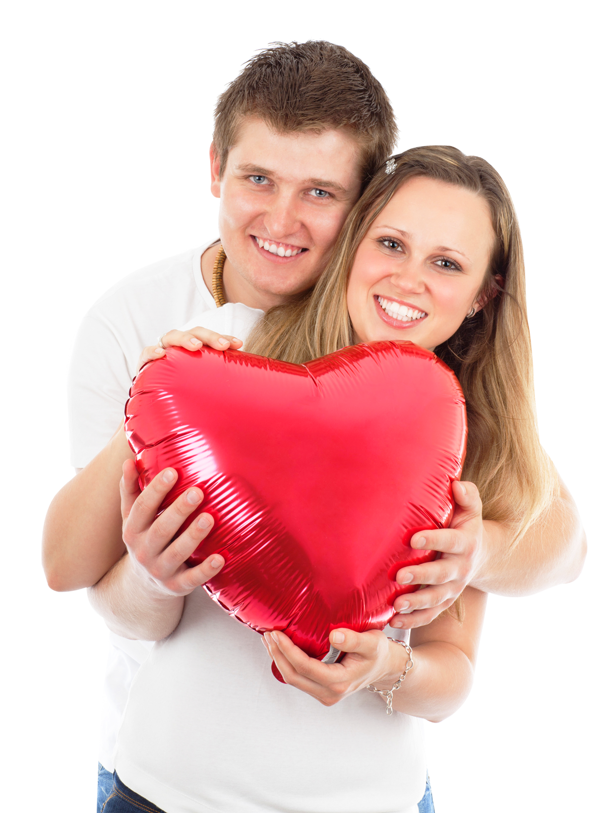 Young Couple Holding Red Heart Balloon PNG Image