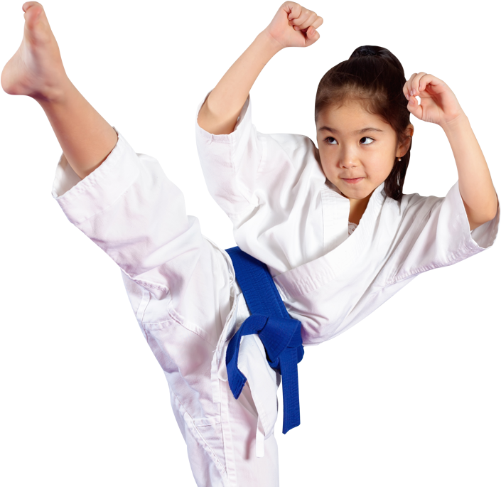 Young Karate Student Blue Belt High Kick PNG Image