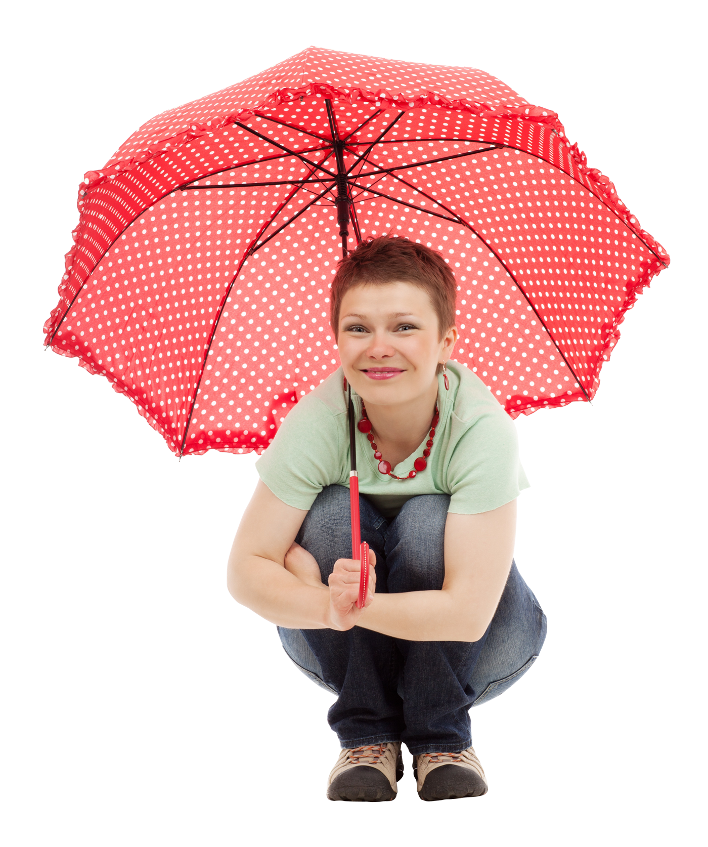 Young Womanwith Red Polka Dot Umbrella PNG Image